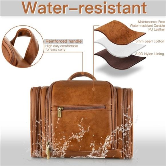 Travel Hanging Toiletry Bag for Women and Men, PU Leather Toiletries Organizer - Picture 3 of 7